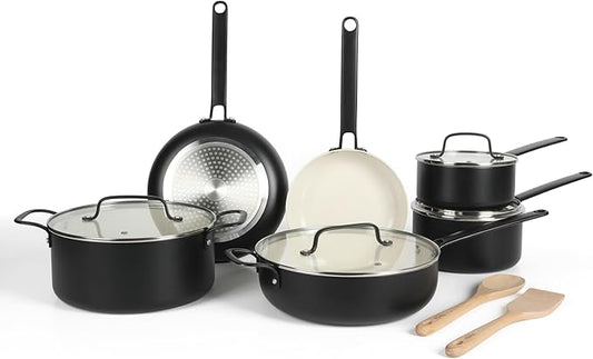 Martha Stewart Emmeline Premium Nonstick PFA Free Ceramic Interior 12 Piece Heavy Gauge Enamel Aluminum Pots and Pans Cookware Set -Black