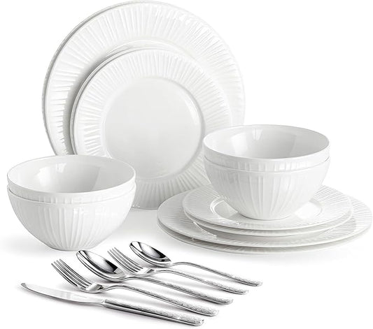 KINGSTONE 12-Piece Bone China Dinnerware Set with 20-Piece flatware, White Lightweight Porcelain Service for 4, for Family Dining, Restaurants, Gifting，Microwave and Dishwasher Safe