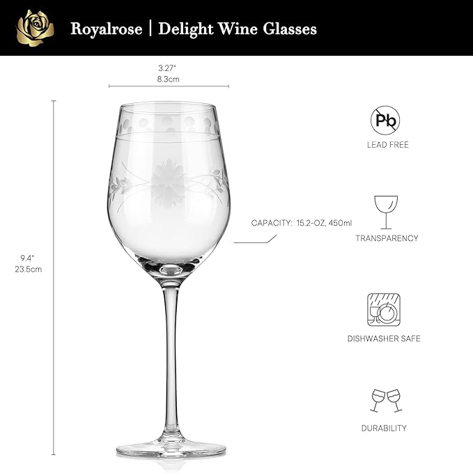 Premium Delight Wine Glasses Set of 4,15 oz – Hand-Blown with Etched Long Stem, Classic Glassware for Weddings, Dinners, and Holiday Gifting (Red Wine Glass)