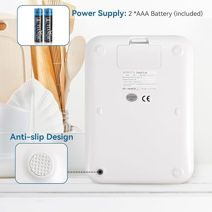 BOMATA Waterproof IPX6 Kitchen Scale, 0.1 g/0.01 oz High Precision, 5 kg/11 lbs, Digital Scale with Backlight, Stainless Steel Weighing Platform, for Food, Cooking, Baking, Weight Loss.. B619, White