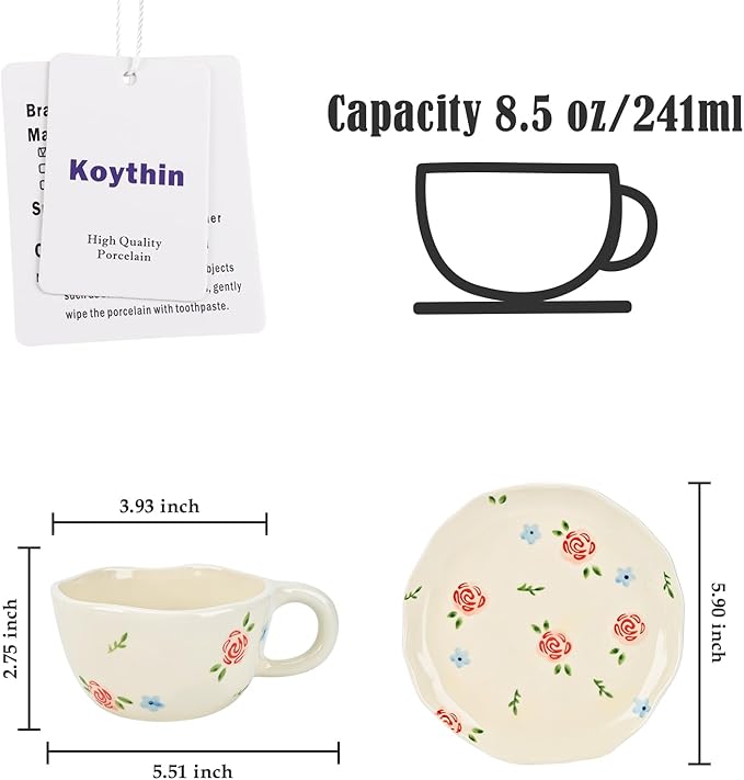 Koythin Ceramic Coffee Mug with Saucers, Handmade Flowers Mugs, Cute Cup for Girl Women, Aesthetic Tea Milk Cup with Handle, 8.5 oz/250 ml for Latte, Cocoa, Office, Home (Rose Blue Flower)