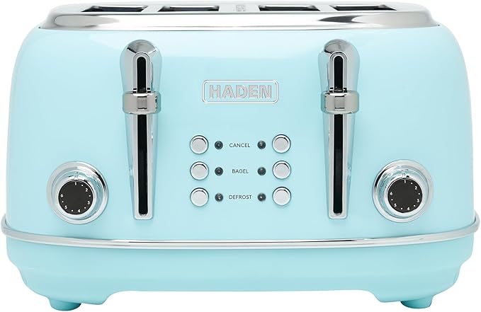 Haden Heritage 4 Slice Wide Slot Stainless Steel Toaster with Adjustable Browning Control & Non-Slip Feet, Turquoise & Chrome