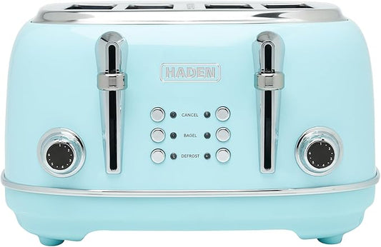 Haden Heritage 4 Slice Wide Slot Stainless Steel Toaster with Adjustable Browning Control & Non-Slip Feet, Turquoise & Chrome