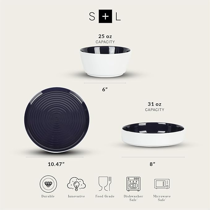 Stone Lain Elica 12-Piece Modern Dinnerware Set Stoneware, Plates and Bowl Sets for 4, Navy and White