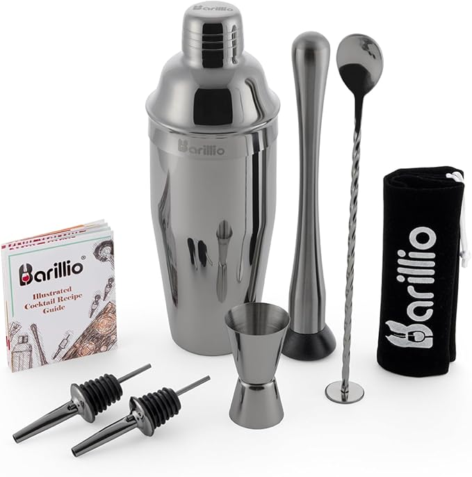 Barillio Black Mixology Bartender Kit - 8-Pc Stainless-Steel Travel Cocktail Shaker Set with Bag - Bar Tools w/Martini Shaker, Drink Mixer Spoon & Mojito Muddler for Cocktails - Bar & Bartending Kit