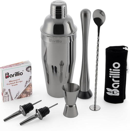 Barillio Black Mixology Bartender Kit - 8-Pc Stainless-Steel Travel Cocktail Shaker Set with Bag - Bar Tools w/Martini Shaker, Drink Mixer Spoon & Mojito Muddler for Cocktails - Bar & Bartending Kit