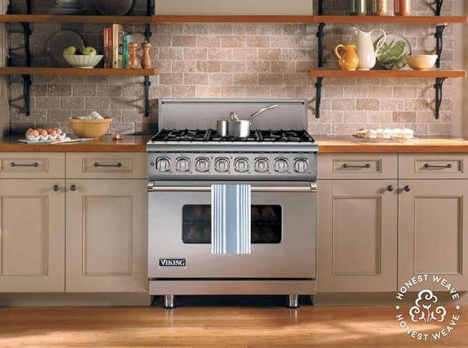 GOTS Certified Organic Cotton Kitchen Hand and Dish Towel Sets - Oversized 20x30 inches, Fully Hemmed, in Designer Colors, 6-Pack, Dusty Blue Stripe