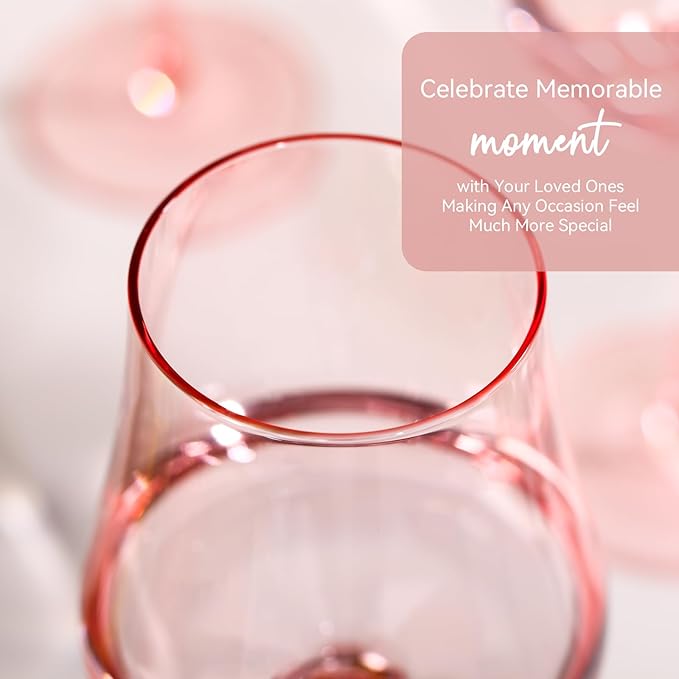 Pink Wine Glasses Set of 6-18oz Hand Blown Blush Pink Wine glasses - Unique Gift for Birthday,Wedding, housewarming