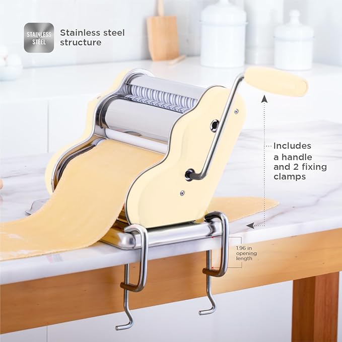 PASTALINDA Classic 200 Pasta Maker Machine, 20 cm Wide Rollers, 9 Thickness Positions, 2 Cutting Positions, Stainless Steel. Includes Reinforced Hand Crank And Two Clamps