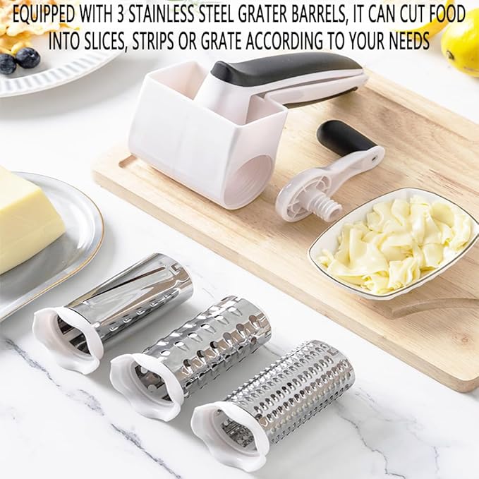 Cheese grater with handle, rotary cheese grater with 3 stainless steel Drums and 2 cheese tools and cleaning brush, ergonomically designed, can be used to grate Parmesan cheese, chocolate, nuts, etc