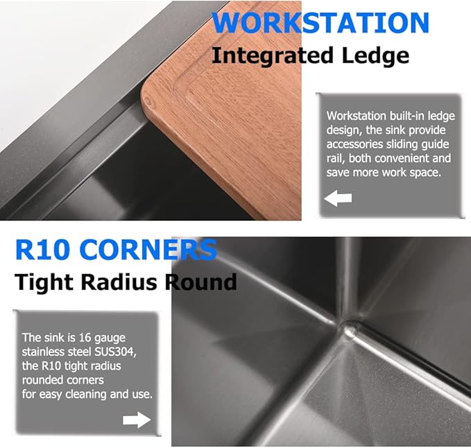 27 inch Undermount Kitchen Sink Workstation 16 Gauge Black Stainless Steel Kitchen Sink Single Bowl Deep Basin