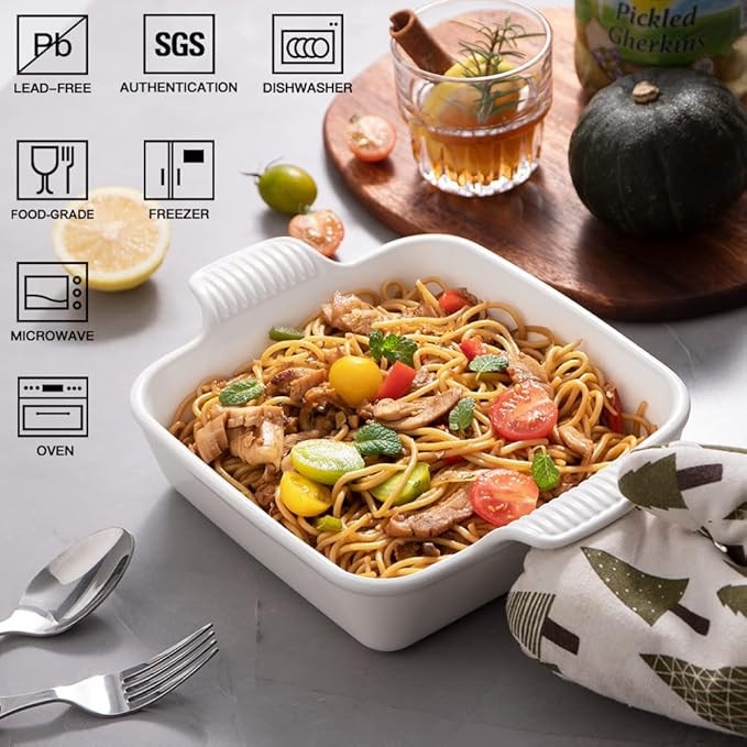 Sweejar Ceramic Baking Dish, 9 x 9 Cake Baking Pan for Brownie, Porcelain Square Bakeware with Double Handle for Casserole, Lasagna, Family Dinner (White)