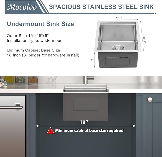 Mocoloo Square Undermount Bar Sink 15x15 Inch Single Bowl Undermount Kitchen Sink 16 Gauge Stainless Steel Bar Prep Workstation 9" Handmade Sinks