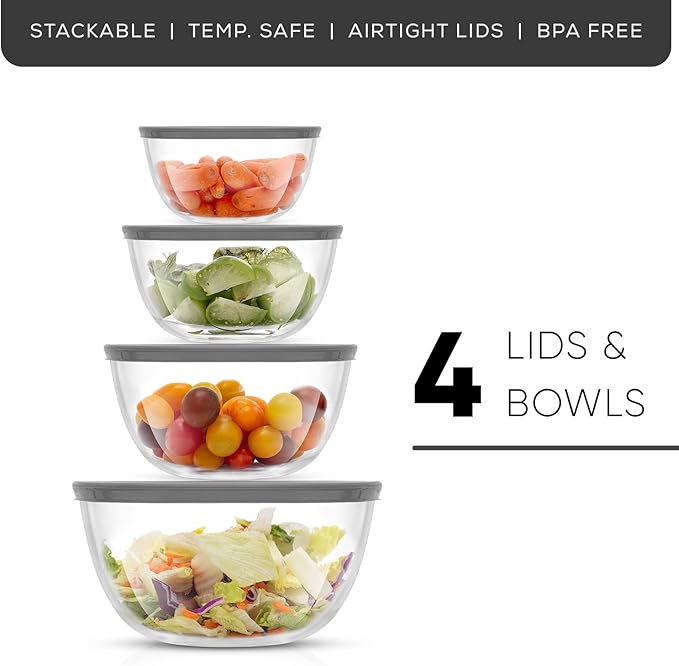 JoyJolt Kitchen Mixing Bowls - 8pc Glass with Lids Set – Neat Nesting Large Bowl Batter Cooking Storage and Big Salad BPA-Free Gray