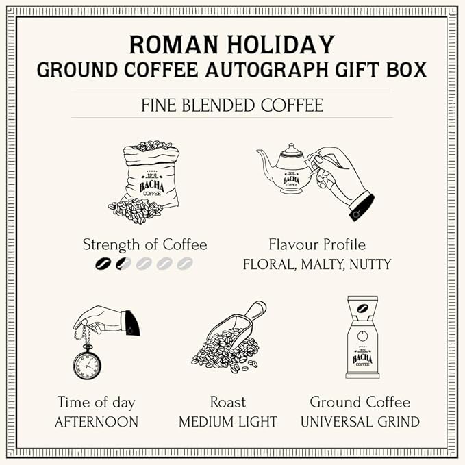 Bacha Coffee | Roman Holiday Fine Blended Coffee, Autograph Collection, 100% Arabica Specialty Coffee, Ground Beans, Medium Light Roast, 250g & 100% Natural Unbleached Wood Fibre Paper Filters, Small