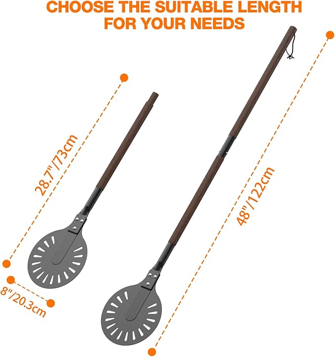8 Inch Metal Pizza Turning Peel with 48 Inch Long Wooden Handle, Aluminum Pizza Paddle for Oven and Grill, Outdoor Pizza Oven Accessories