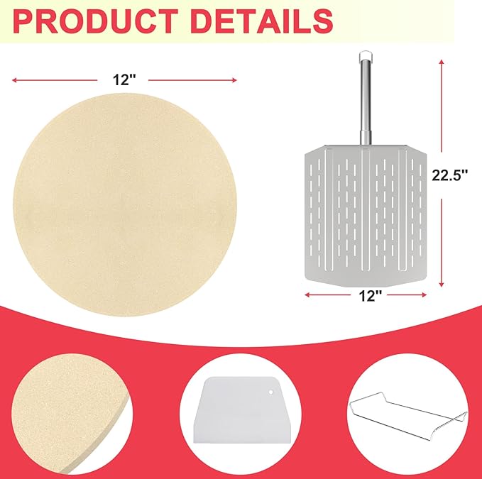"DcYourHome 12 inch Round Pizza Stone with Rack for Oven, BBQ Grilling, Natural Cordierite Pizza Stone Kit with Pizza Peel & Plastic Scraper for Baking Bread, Universal High Temperature Baking Stone"