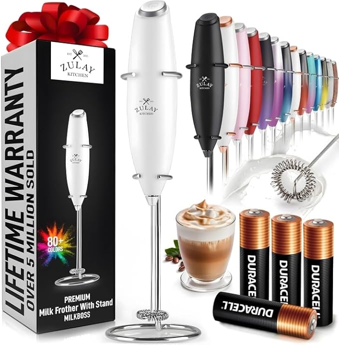 Zulay Kitchen Powerful Milk Frother Wand With 4 AA Duracell Batteries - Ultra Fast Handheld Drink Mixer - Electric Whisk Foam Maker for Coffee, Lattes, Cappuccino, Matcha & Creamer -