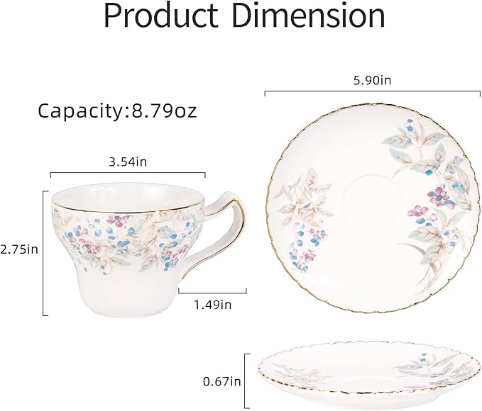 KAMMAK Tea Cups and Saucers Set of 2, Reinforced Porcelain Coffee Cups, 7.4-Ounce Stackable Espresso Mugs, Ceramic Demitasse for Coffee, Cappuccino, Latte, Americano, Tea, Lilac + Colorful