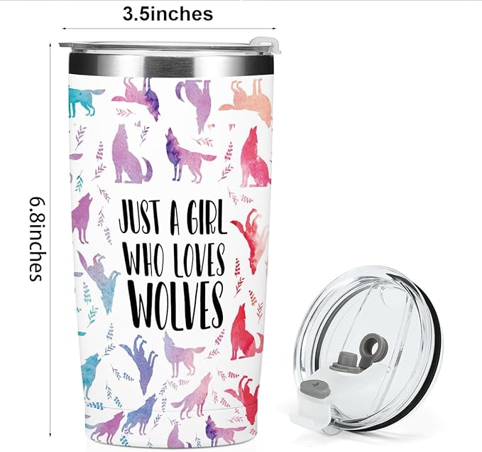 Cute Wolf Stuff Tumbler, Wolf Decor 20 oz Stainless Steel Coffee Mug，Travel Cup，Insulated Cup with Lid for Car, Perfect Gifts for Girl Sister Friend Animal Lover Christmas Birthday