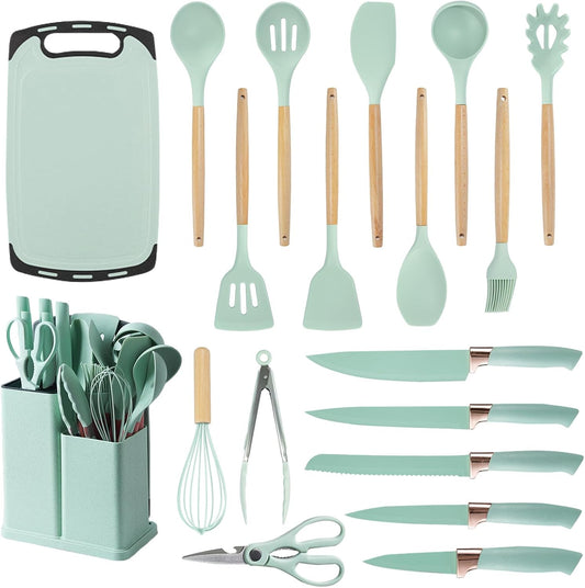Cooking Utensils Set - 19 Piece Set with 11 Spatulas, 6 Sharp Knives, Silicone Utensils & Cutting Board (Green)