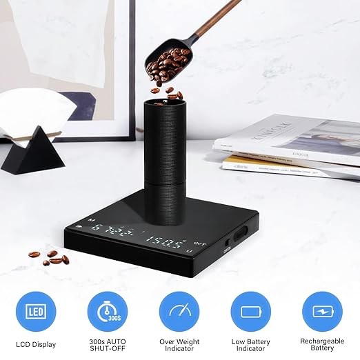 Mini Coffee Scale with Timer, 2kg Capacity, 0.1g Precision, Timemore Scale Rechargeable, Digital Espresso Scale with Tare Function, Black