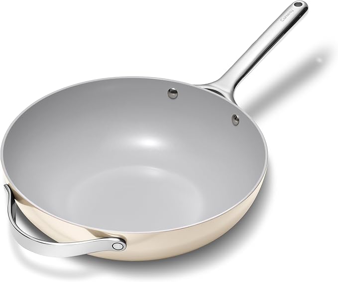 Caraway Non-Stick Stir Fry Pan - 12” Wok-Inspired Pan - Free From Forever Chemicals - High-Sloped Walls - Stainless Steel Handles - Cream