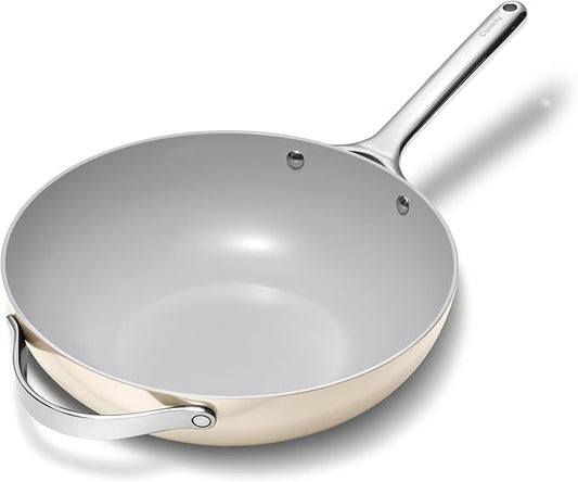 Caraway Non-Stick Stir Fry Pan - 12” Wok-Inspired Pan - Free From Forever Chemicals - High-Sloped Walls - Stainless Steel Handles - Cream