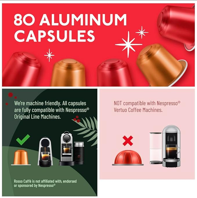 ROSSO CAFFE Espresso Coffee Pods for Nespresso Machines - Holiday Limited Edition - 80 Aluminium Capsules - Compatible with all Nespresso Original line Machines (Holiday Blend and Pumpkin Spice)