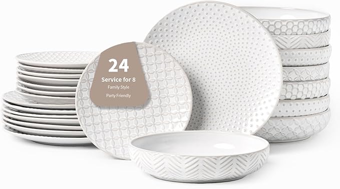24-Piece Embossed Ceramic Dinnerware Set–8 Dinner Plates, 8 Salad Plates, 8 Pasta Bowls,Elegant & Durable Tableware for Large Families, Dishwasher & Microwave Safe