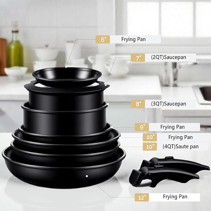 ROVSUN 23 Pcs Nonstick Pots and Pans Set, Cast Aluminum Kitchen Cookware Set with Detachable Handles, RV Kitchen Cooking Set and Utensils, Dishwasher Safe, PFAS PFOA & PFOS Free, Black