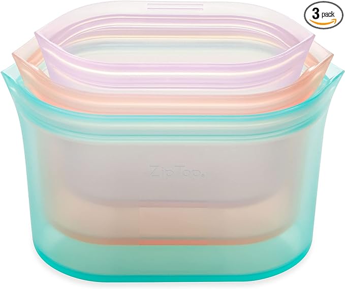 Zip Top Reusable Food Storage Bags | 3 Dish Set [Teal/Peach/Lavender] - Small, Medium, Large | Silicone Meal Prep Container | Microwave, Dishwasher and Freezer Safe | Made in the USA