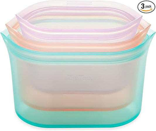Zip Top Reusable Food Storage Bags | 3 Dish Set [Teal/Peach/Lavender] - Small, Medium, Large | Silicone Meal Prep Container | Microwave, Dishwasher and Freezer Safe | Made in the USA
