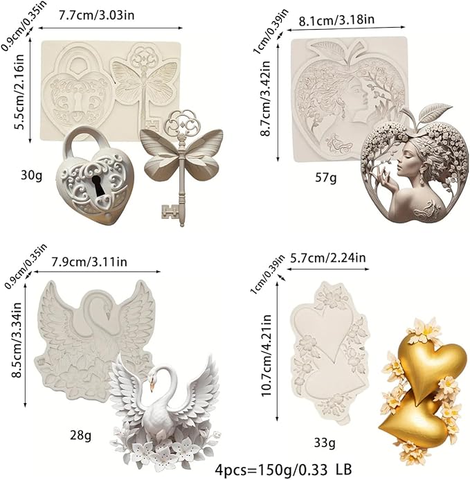 (Four-piece set) Love swan key, lock, apple girl, DIY silicone mold, cake chocolate mold wedding cake decoration tool soft cake