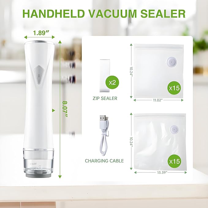 Handheld Vacuum Sealer with Visible Water Tank –Spill-Proof, One-Touch Operation, Vacuum Sealer Machine with 30 Reusable Bags for Kitchen, Camping, or Travel (Snow white)