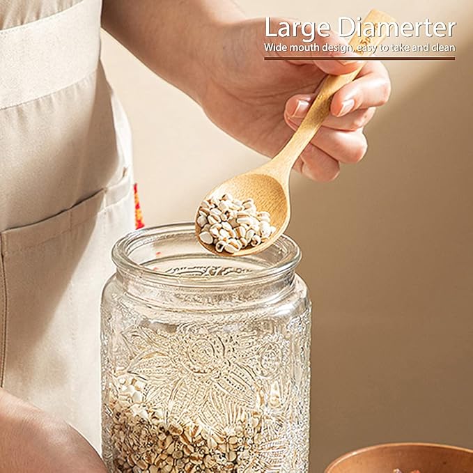 35oz/1000ml Glass Storage Jars with Nature Wood Lids, Airtight Food Storage Containers for Kitchen Organization, Large Capacity for Cookie, Pasta, Sugar, Flour, Cereal - Set of 2 （sunflower）