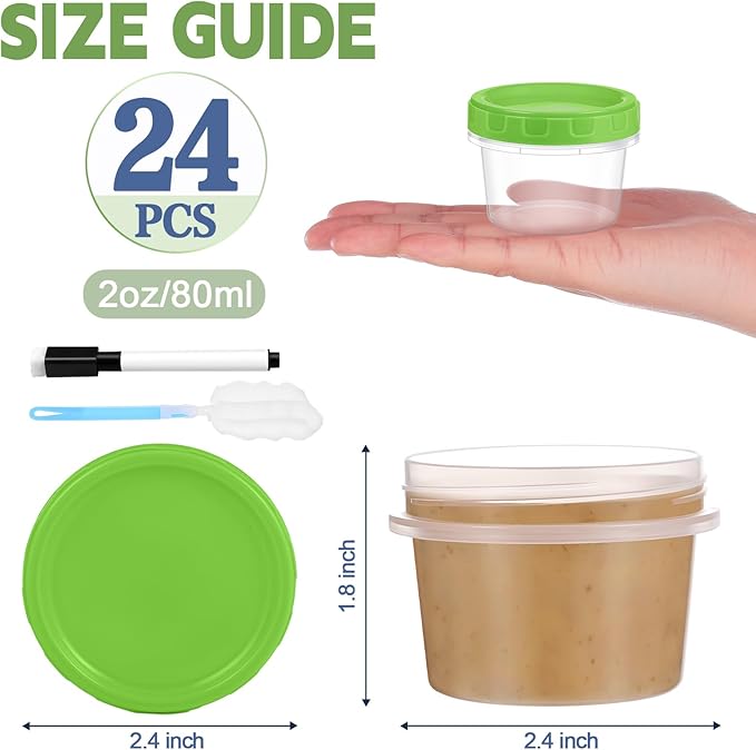 2 oz Small Plastic Containers with Lids, 24 Pack Salad Dressing Container, Reusable Condiment Containers Sauce Cups, with Pen and Brush, Freezer, Microwave & Dishwasher Safe