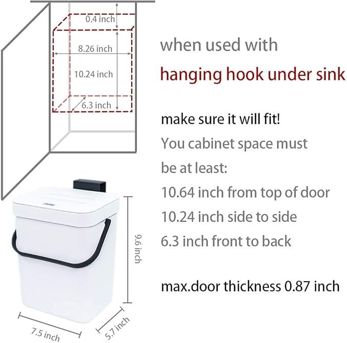 Kitchen Compost Bin Indoor for Counter Top,Hanging Small Trash Can with Lid,Food Waste Bin,Mountable Compost Busket 1.3 Gal/5 L Series,White