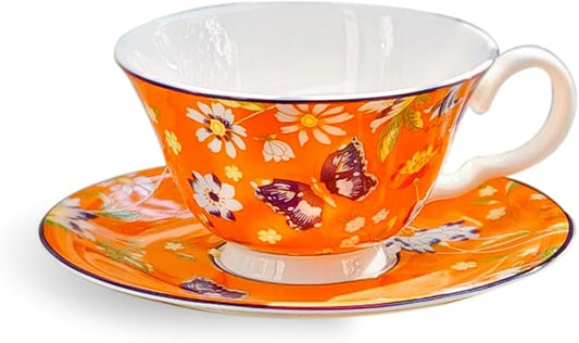 Aynsley Cottage Garden Windsor Fine Bone China English Tea Cup and Saucer Set, 7.4 oz (Orange)