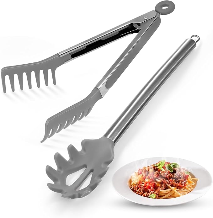 2 Pieces Spaghetti Spoon and Pasta Tong,Non-stick 13 Inch Silicone Spaghetti Fork and 9.8 Inch Stainless Steel Handle Spaghetti Tong Food Clip for Spaghetti Noodle (Grey)