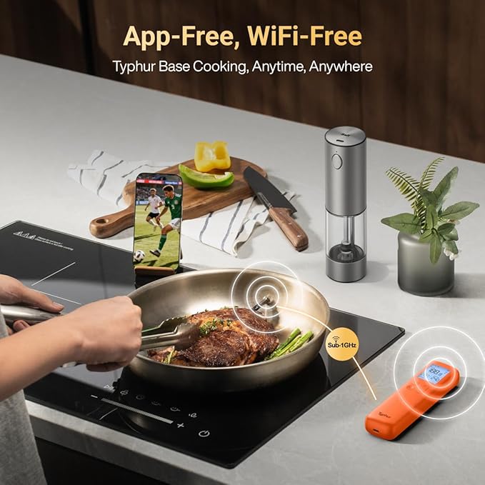 Typhur Sync Gold Wireless Meat Thermometer, Enhanced 10X Sub-1G Signal and Stability, WiFi Unlimited Range, 6 Sensors, Bluetooth Meat Thermometer for BBQ, Oven, Smoker, Grill, Air Fryer, Orange, Gen2