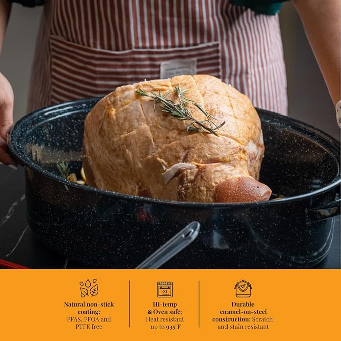 Granite Ware 19 in Oval Roaster Set (10pcs), includes Lid, Rack, 2 pack brining bags, oven/grill-safe meat Thermometer, Turkey Baster with silicone bulb, and a small brush.