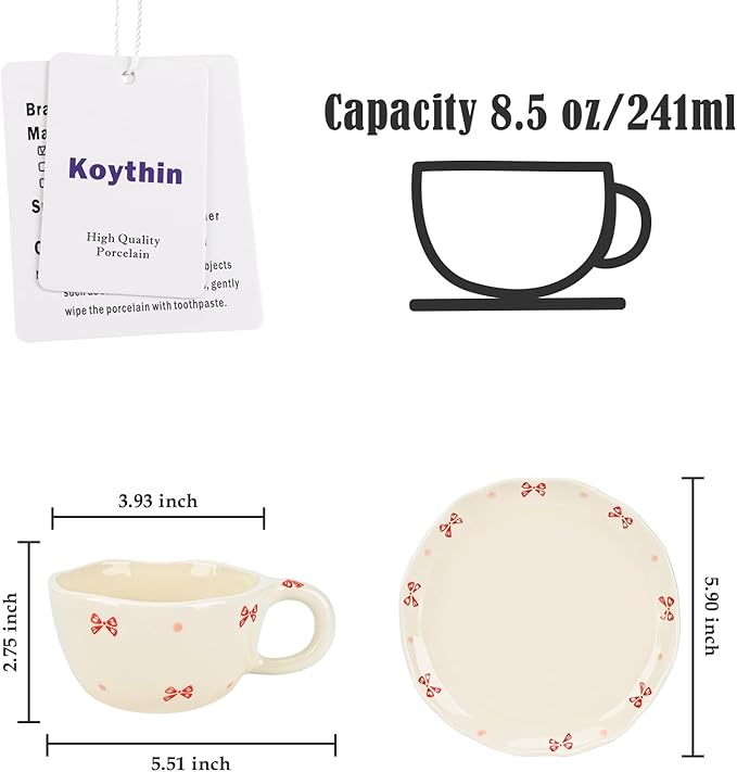 Koythin Ceramic Coffee Mug with Saucers, Handmade Flowers Mugs, Cute Cup for Girl Women, Aesthetic Tea Milk Cup with Handle, 8.5 oz/250 ml for Latte, Cocoa, Office, Home (Cute Bow)