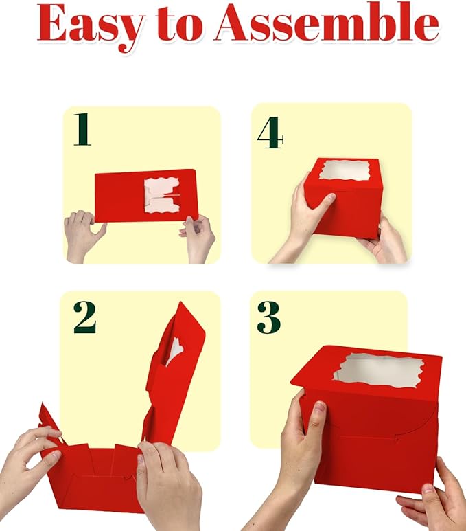 Bakepacker 36pcs 6x6x5 Inches Cake Boxes with Window 18-Packs Red Cake Boxes 6 Inch Bakery Boxes (18 Cake Boxes +18 Cake Boards Included)