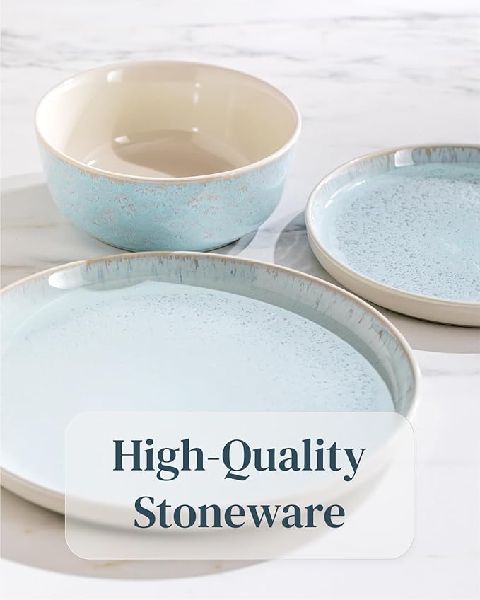 Stoneware dinnerware set 4 persons 12 pcs – Modern style plates and bowls set ceramic – Dishwasher, microwave and scratch resistant – Bowl and plate set – Dinner service Pure Living beige & light blue