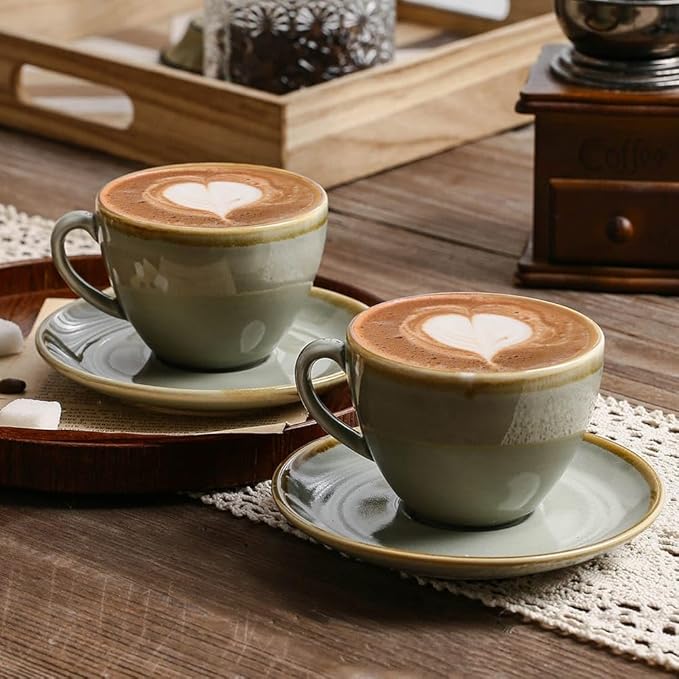 SHUER Ceramic Latte Coffee Cup Set of 4, 7.8 Oz Tea Cup and Saucers Sets,Glaze Americano Cups and Macchiato Coffee Cups,Low Tea Time Mug Set Great for Party (Light Cyan 220ML)