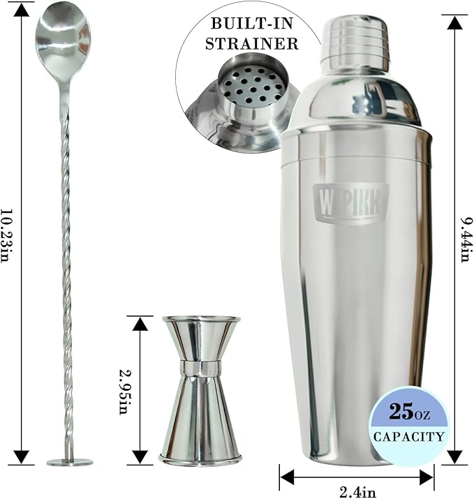 Stainless Steel Cocktail Shaker Set, 24oz/750ml Bartender Kit Includes Strainer and Stir Stick for Home, Bar, Party, Bar Accessories for The Home Bar Set (Silver)