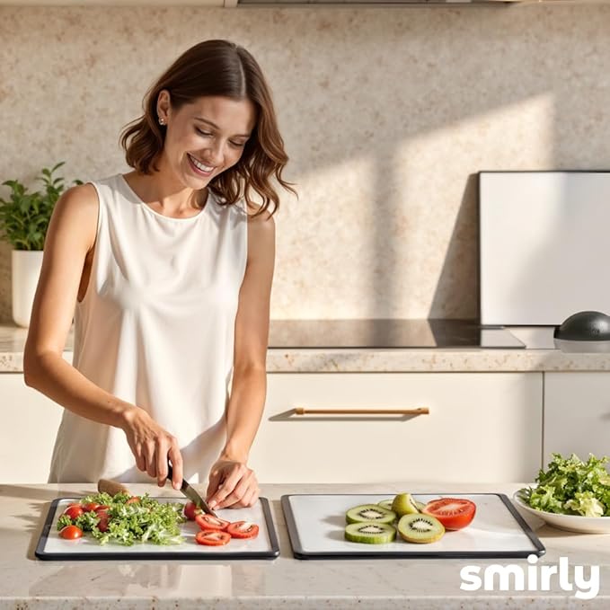 SMIRLY Plastic Cutting Board Set with Holder 4 Pieces, Non-Slip Dishwasher Safe Chopping Boards for Kitchen, Black & White