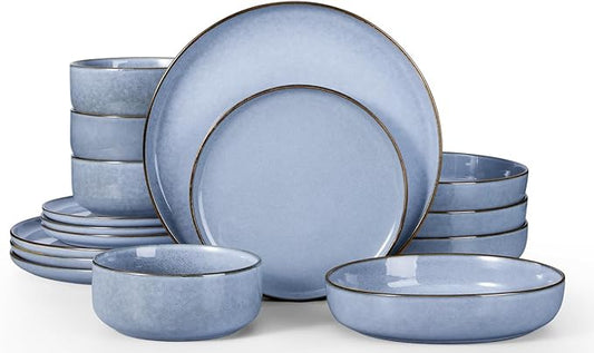 Herogo Stoneware Dinnerware Set with Salad Bowls, Dinner Plates and Bowls Sets for 4, 16 Piece Dishware Place Setting for Kitchen, Chip & Scratch Resistant Dishware, Haze Blue