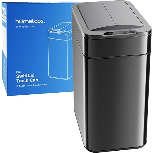 hOmeLabs - 13 Gallon Kitchen Trash Can - Retractable Automatic Sensor Butterfly Lid, Space-Saving Design, Easy to Clean, Battery-Operated with Batteries Included - Dark Stainless Steel